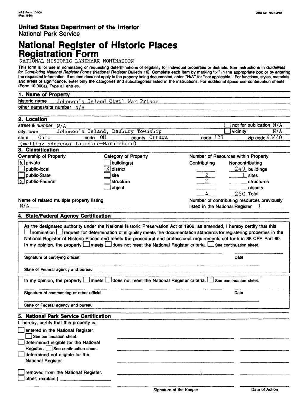 National Register of Historic Places Continuation Sheet Johnson ? S Island Civil War Prison, Ottawa County, Ohio Section Number 7 Page 2