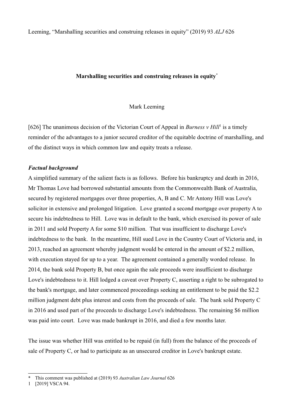 “Marshalling Securities and Construing Releases in Equity” (2019) 93 ALJ 626