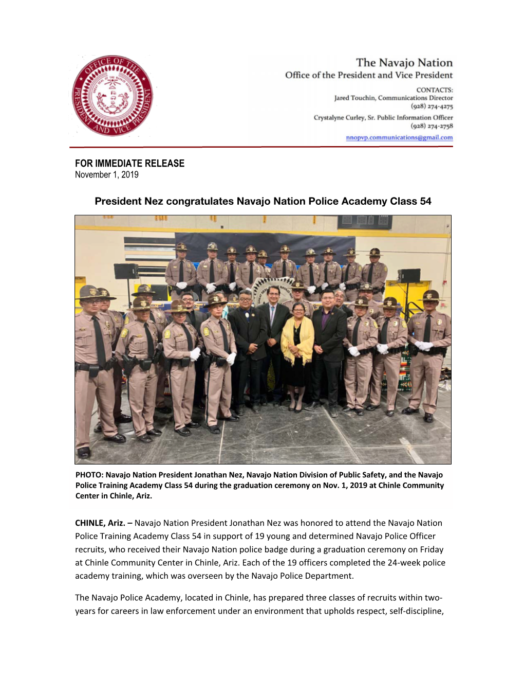 President Nez Congratulates Navajo Nation Police Academy Class 54