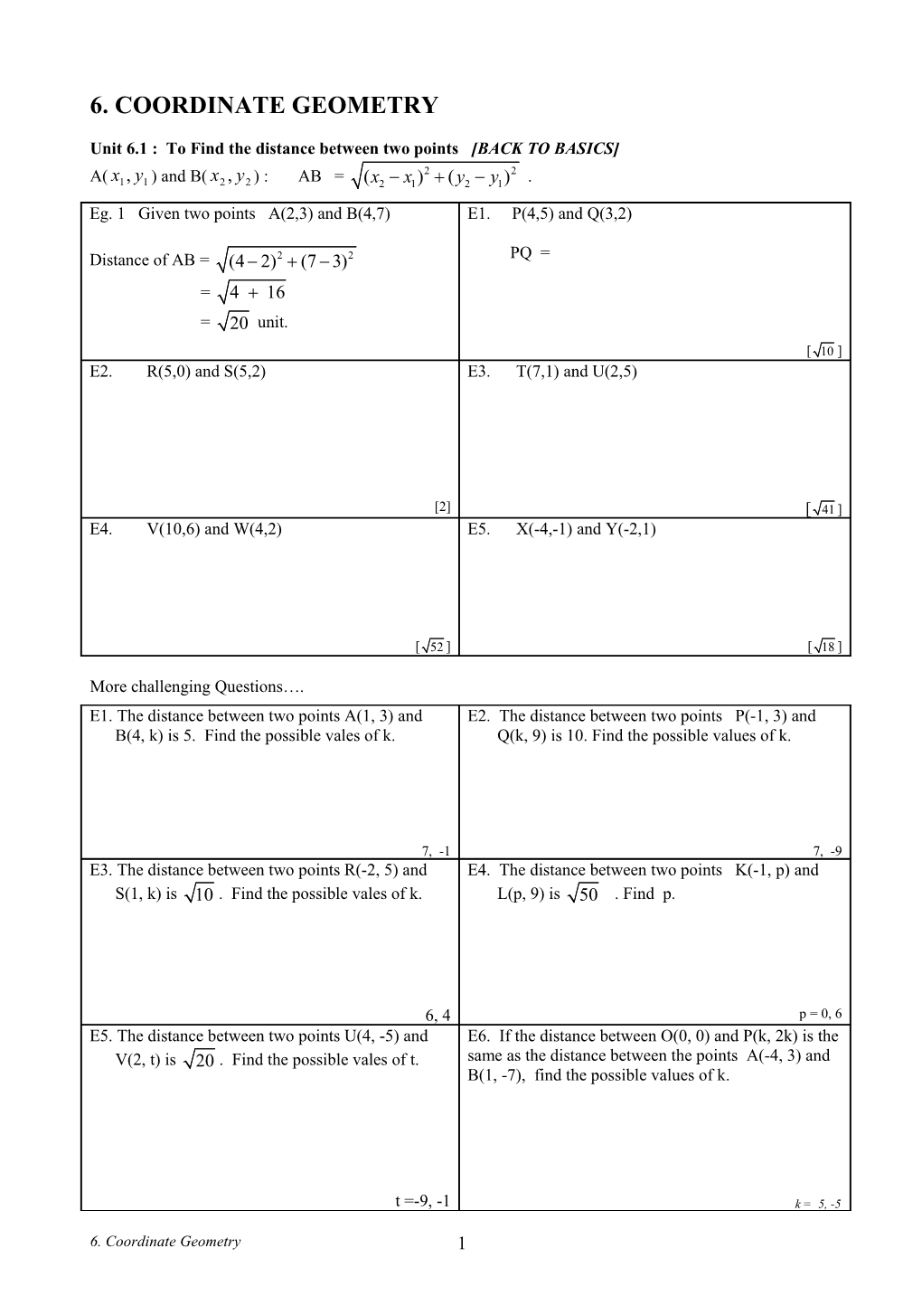 Unit 6.1 : to Find the Distance Between Two Points BACK to BASICS