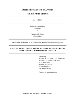 UNITED STATES COURT of APPEALS for the NINTH CIRCUIT No. 19-72837 Petitioner, V. Respondent on Petition for Review of an Order O