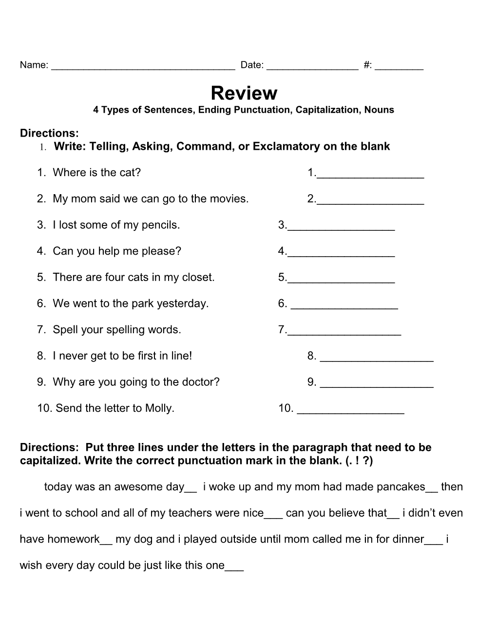 4 Types of Sentences, Ending Punctuation, Capitalization, Nouns