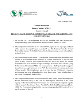 Notice of Registration Request Number: RQ2019/1 Country: Senegal PROJECT: DAKAR REGIONAL EXPRESS TRAIN -PHASE 1: DAKAR-DIAMNIADIO SEGMENT, SENEGAL