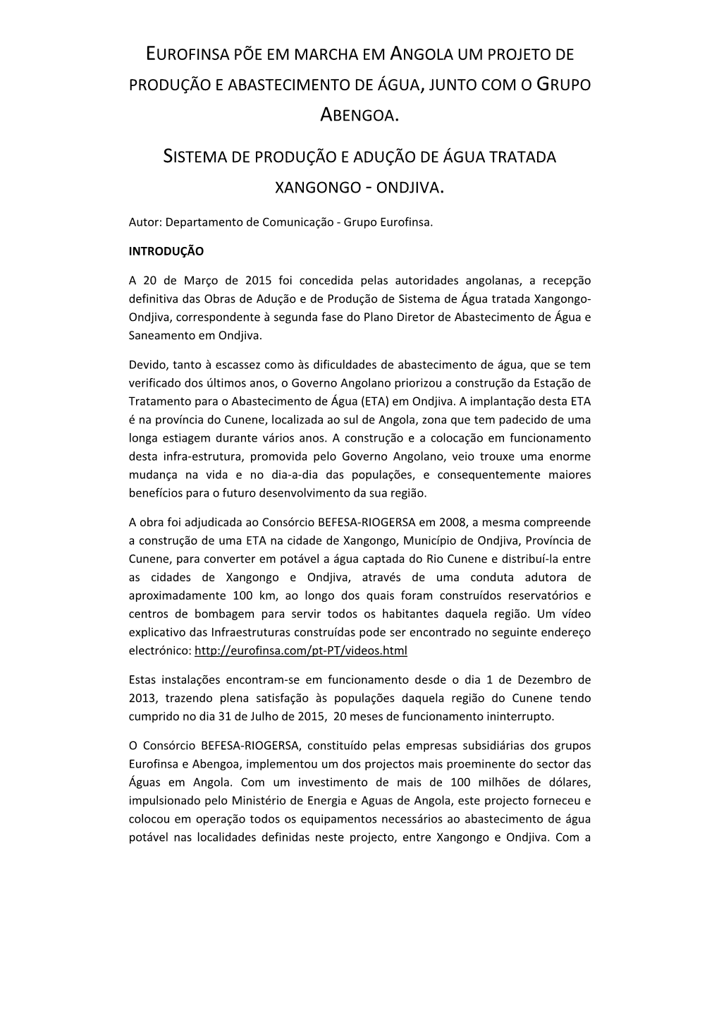 Abengoa. Sistema De Produção E Adução De Água Tratada