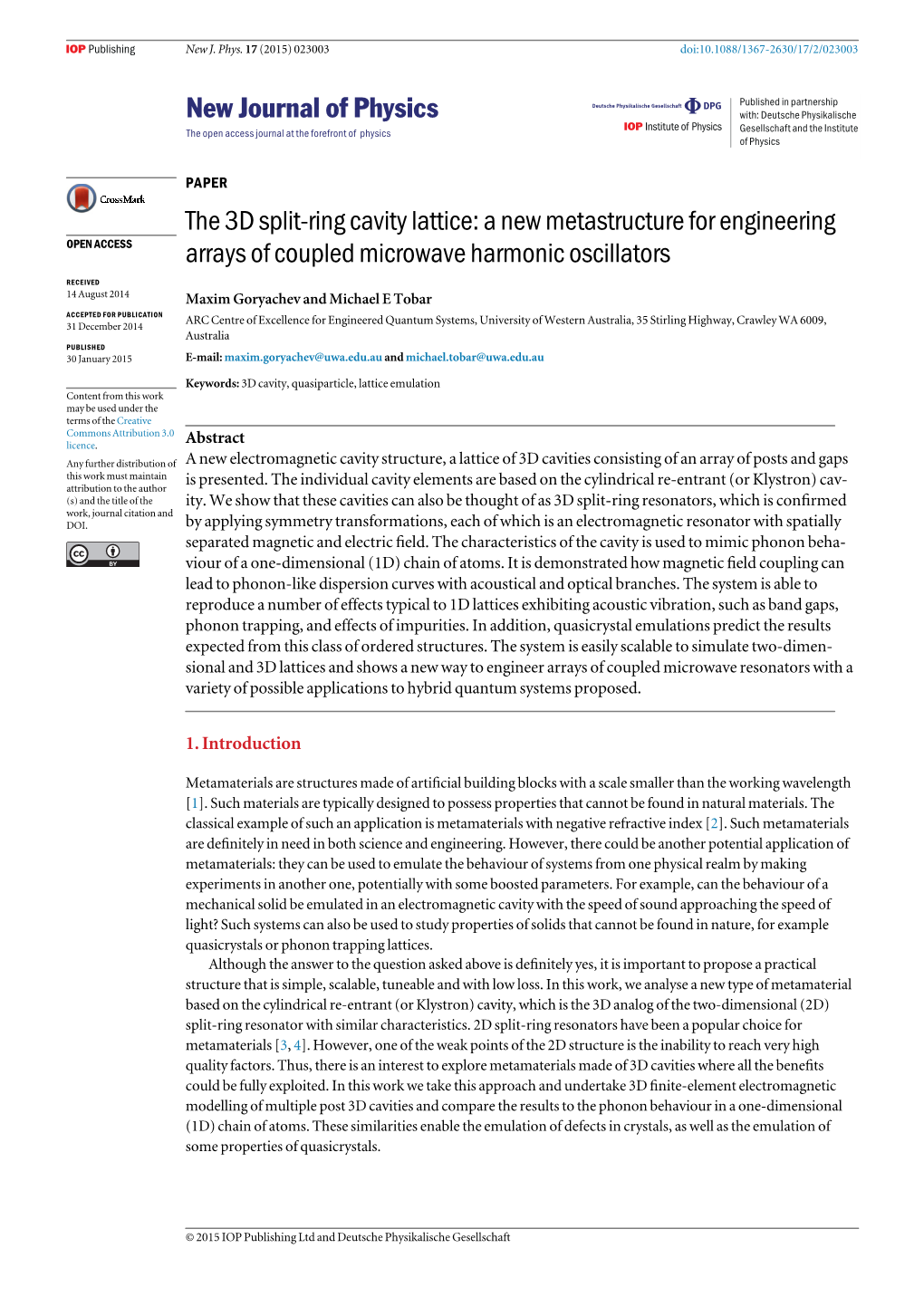 The 3D Split-Ring Cavity Lattice: a New Metastructure for Engineering OPEN ACCESS Arrays of Coupled Microwave Harmonic Oscillators