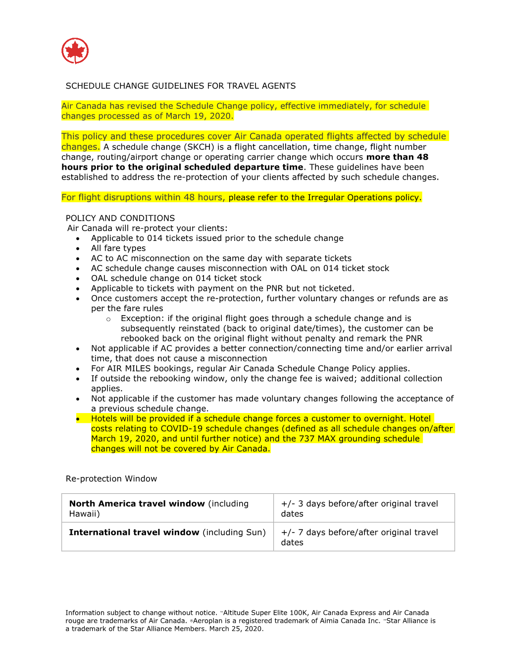 This Policy and These Procedures Cover Air Canada Operated Flights Affected by Schedule Changes