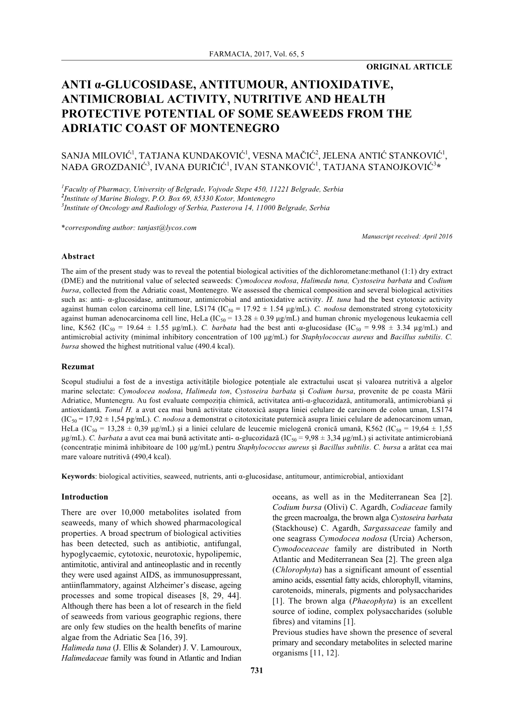 Anti Α-Glucosidase, Antitumour, Antioxidative