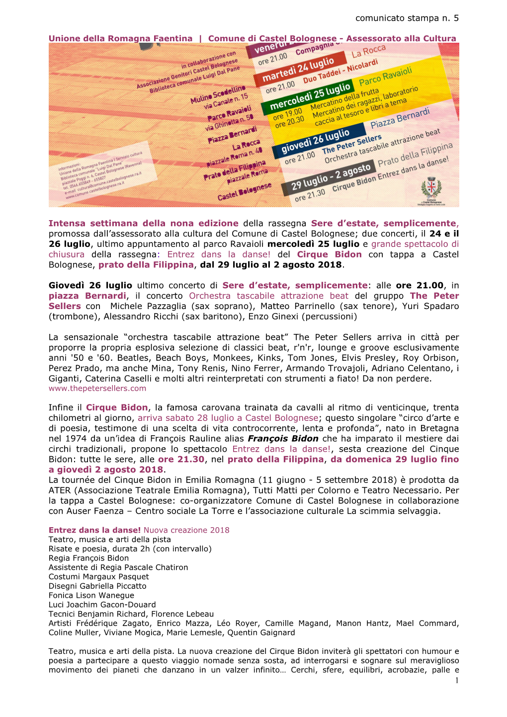 1 Comunicato Stampa N. 5 Unione Della Romagna Faentina | Comune