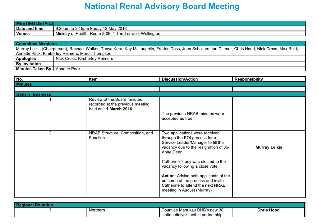 National Renal Advisory Board Meeting 13 May 2016