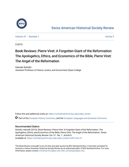 Book Reviews: Pierre Viret: a Forgotten Giant of the Reformation: the Apologetics, Ethics, and Economics of the Bible, Pierre Viret: the Angel of the Reformation