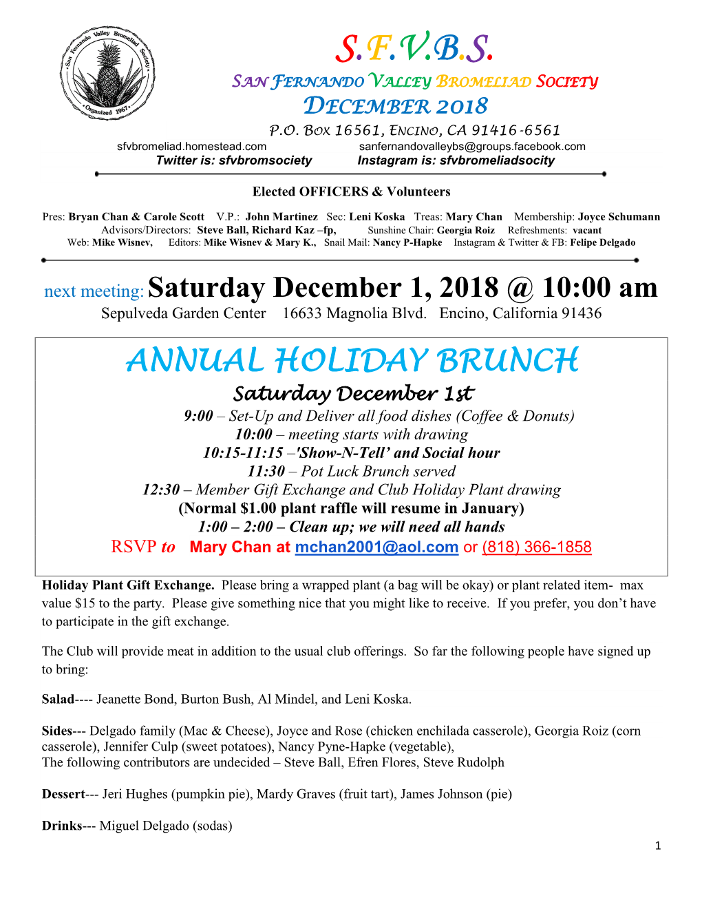 S.F.V.B.S. San Fernando Valley Bromeliad Society December 2018 P.O