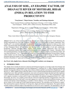 Analysis of Soil, an Edaphic Factor, of Dhanauti River of Motihari, Bihar (India) in Relation to Fish Productivity