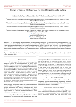 Survey of Various Methods Used for Speed Calculation of a Vehicle