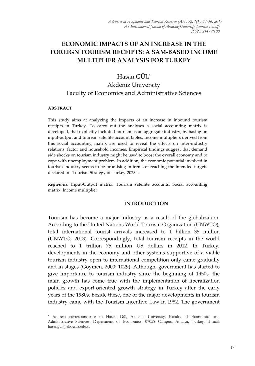 Economic Impacts of an Increase in the Foreign Tourism Receipts: a Sam-‐‑Based Income Multipli