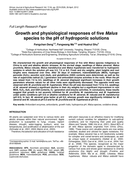 Growth and Physiological Responses of Five Malus Species to the Ph of Hydroponic Solutions