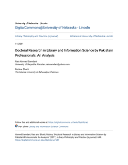 Doctoral Research in Library and Information Science by Pakistani Professionals: an Analysis