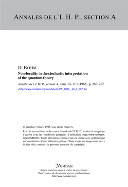 Non-Locality in the Stochastic Interpretation of the Quantum Theory Annales De L’I