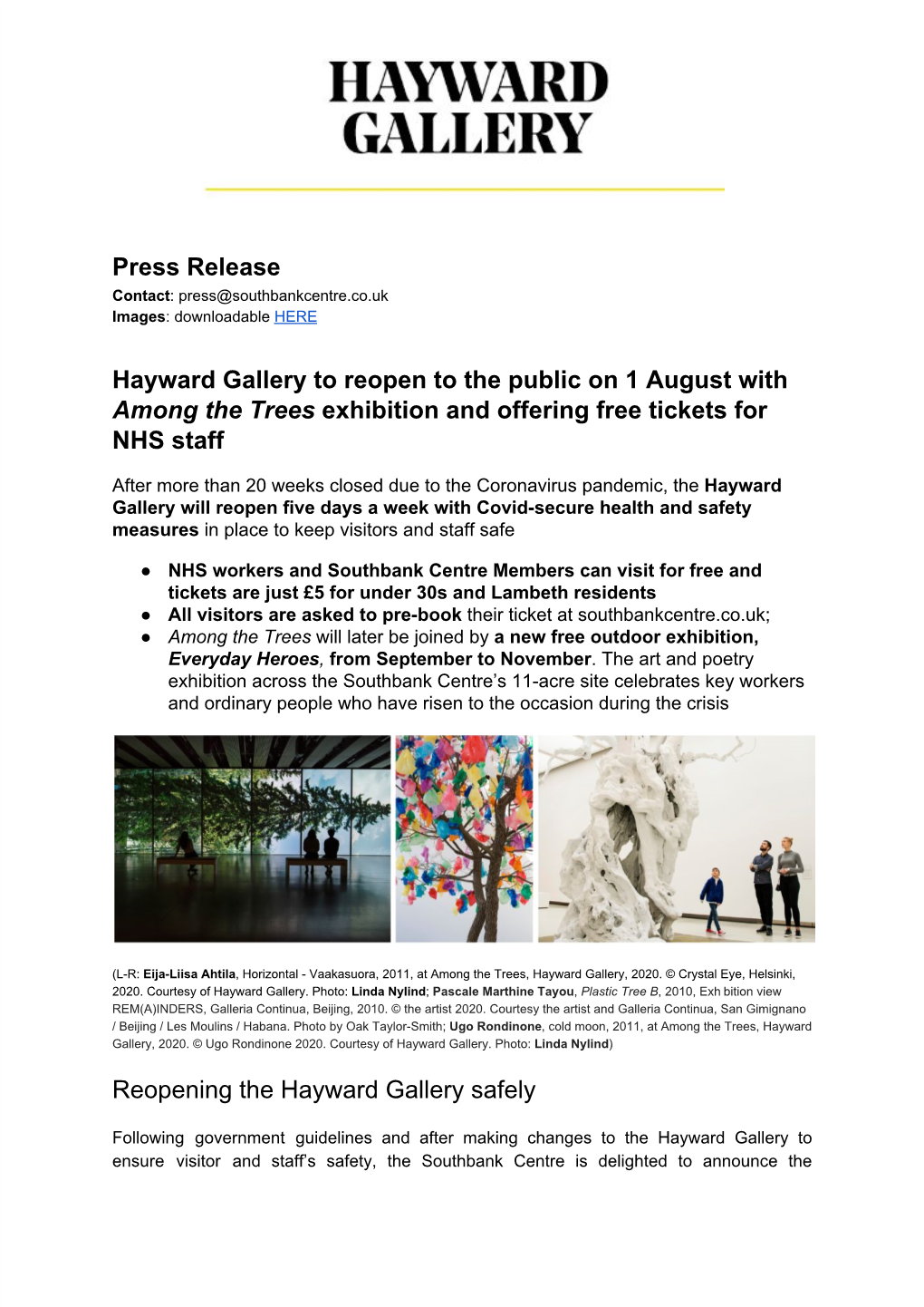 Press Release Hayward Gallery to Reopen to the Public on 1 August