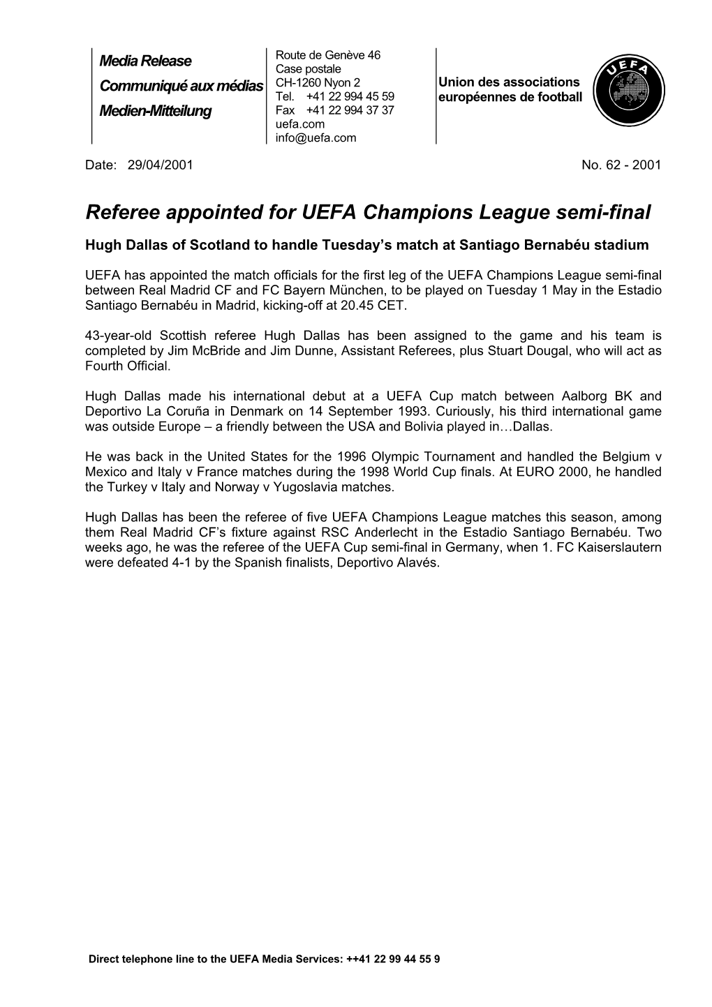 Referee Appointed for UEFA Champions League Semi-Final