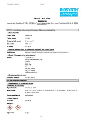 SAFETY DATA SHEET Decaborane According to Regulation (EC) No 1907/2006, Annex II, As Amended