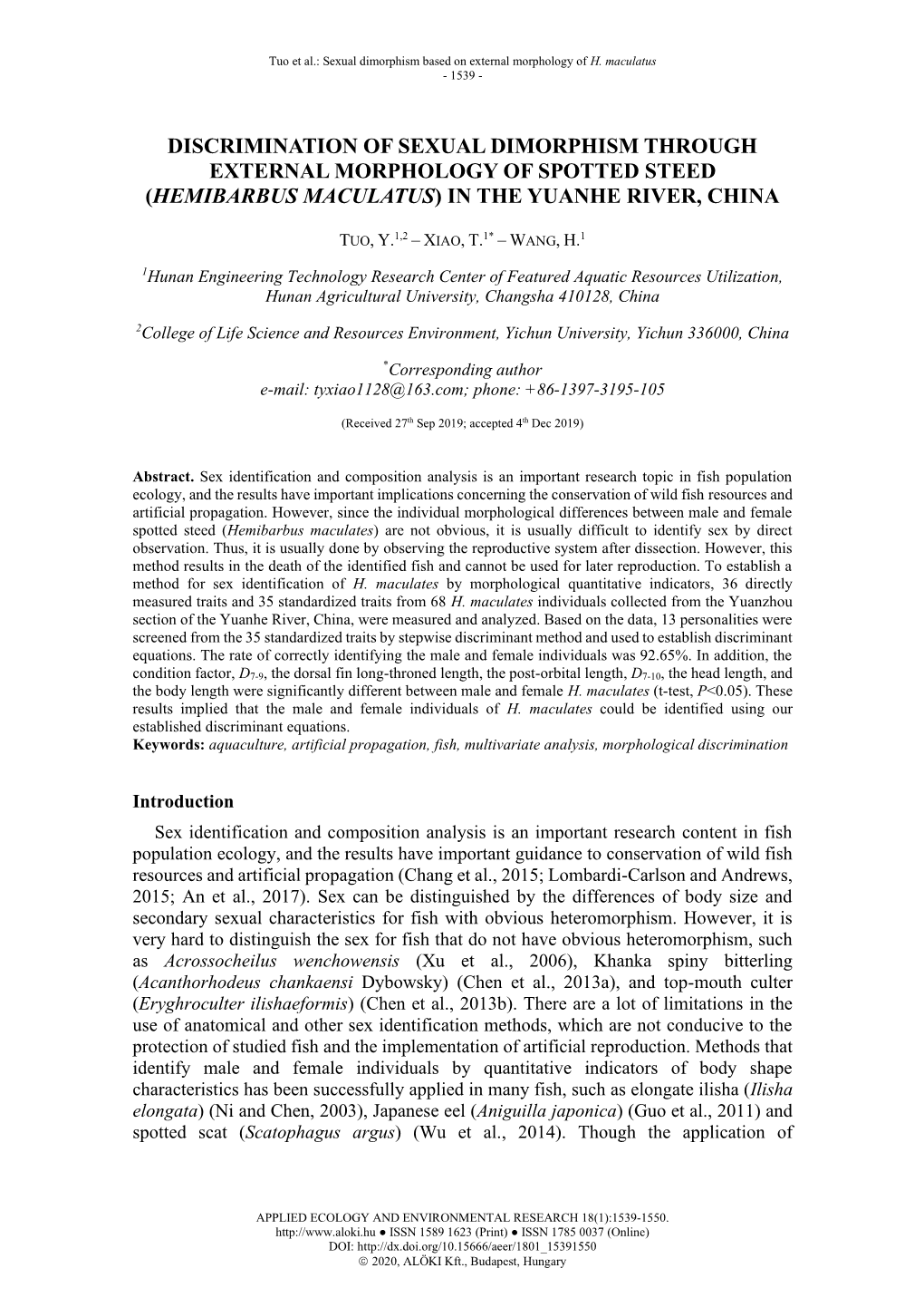 Discrimination of Sexual Dimorphism Through External Morphology of Spotted Steed (Hemibarbus Maculatus) in the Yuanhe River, China