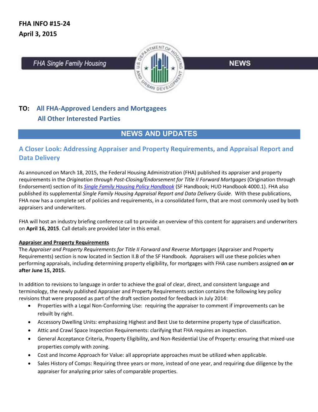 FHA INFO #15-24 April 3, 2015 TO