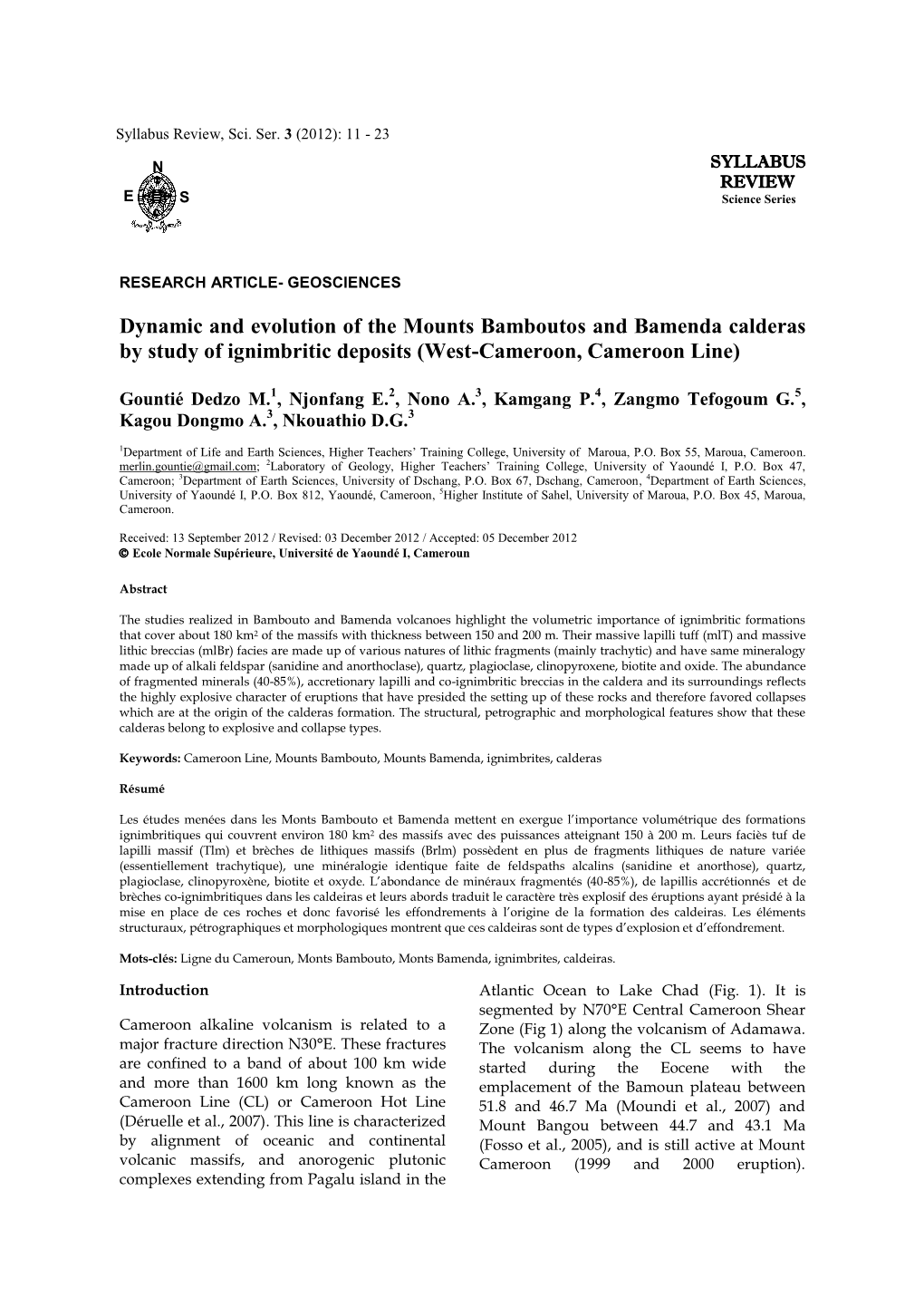 Dynamic and Evolution of the Mounts Bamboutos and Bamenda Calderas by Study of Ignimbritic Deposits (West-Cameroon, Cameroon Line)