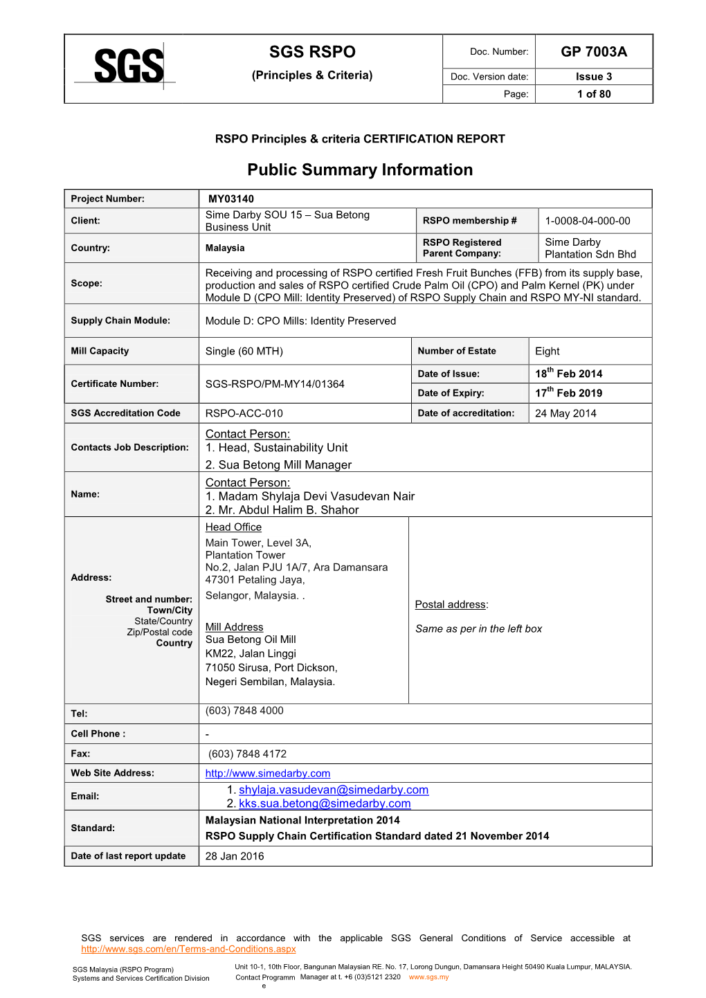 SGS RSPO Public Summary Information