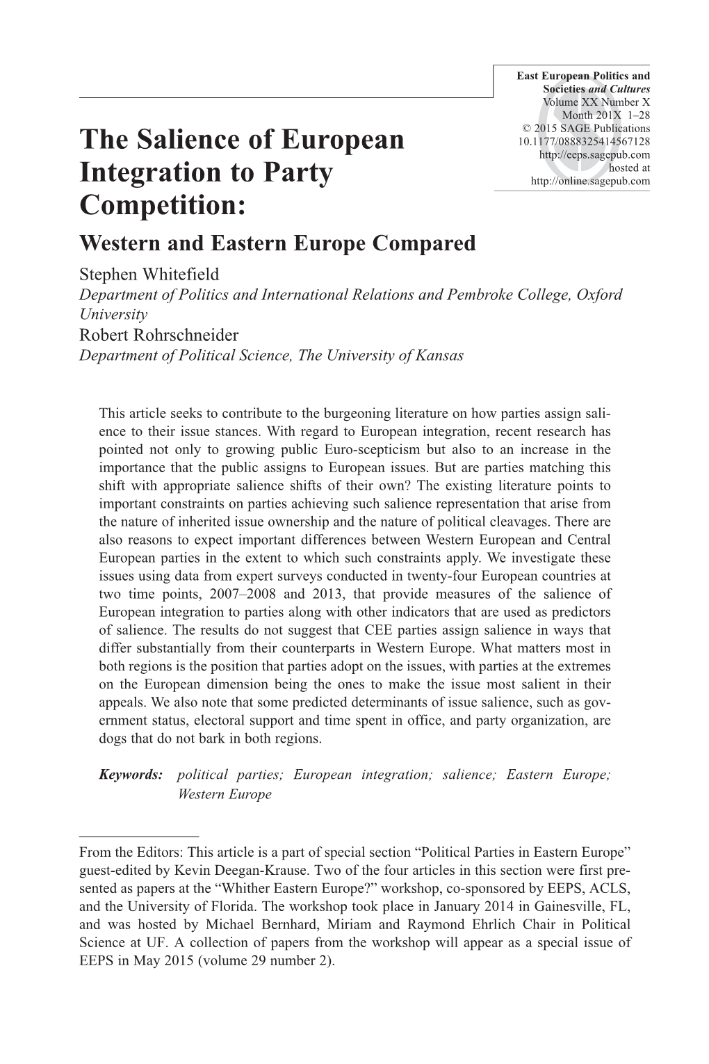 The Salience of European Integration to Party Competition: Western And