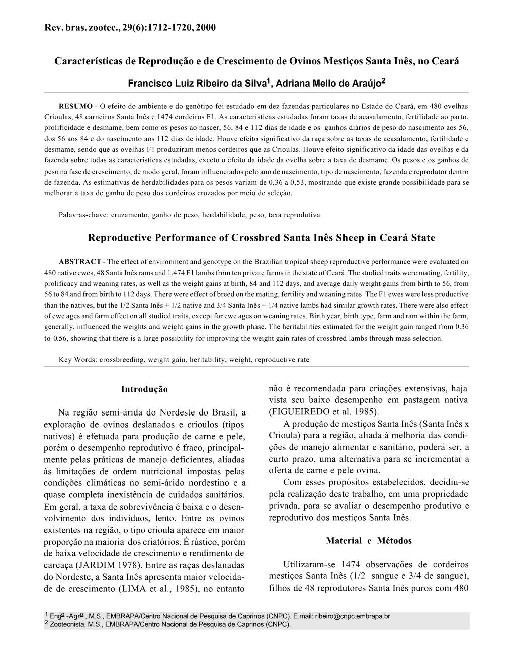 Características De Reprodução E De Crescimento De Ovinos Mestiços Santa Inês, No Ceará