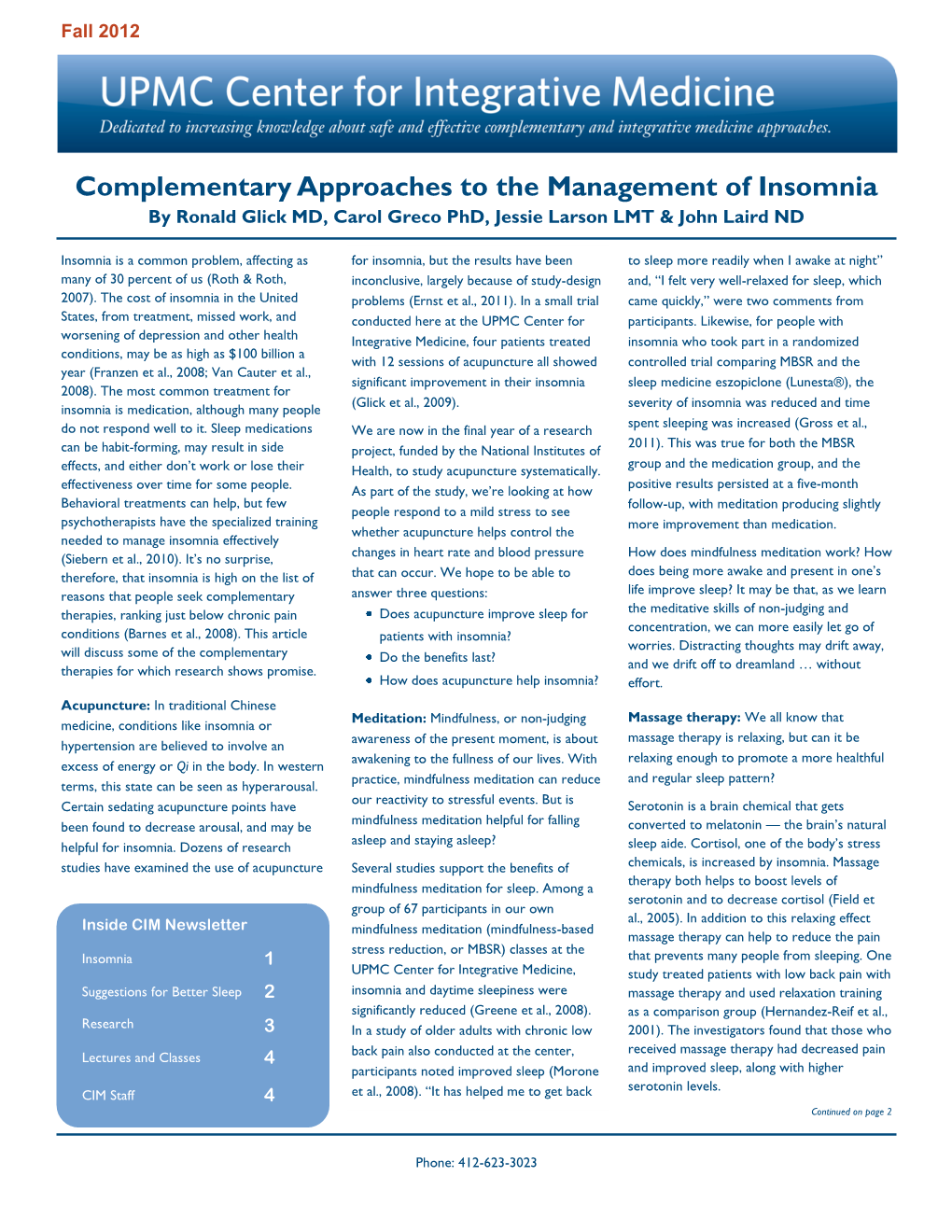 Complementary Approaches to the Management of Insomnia by Ronald Glick MD, Carol Greco Phd, Jessie Larson LMT & John Laird ND