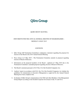 MONDAY 18 MAY 2015 CONTENTS 1. Qliro Group