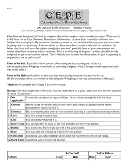200 Question BDSM Checklist - Printable Version This Checklist Is Formatted to Print Correctly on Standard 8-1/2"X11" Paper
