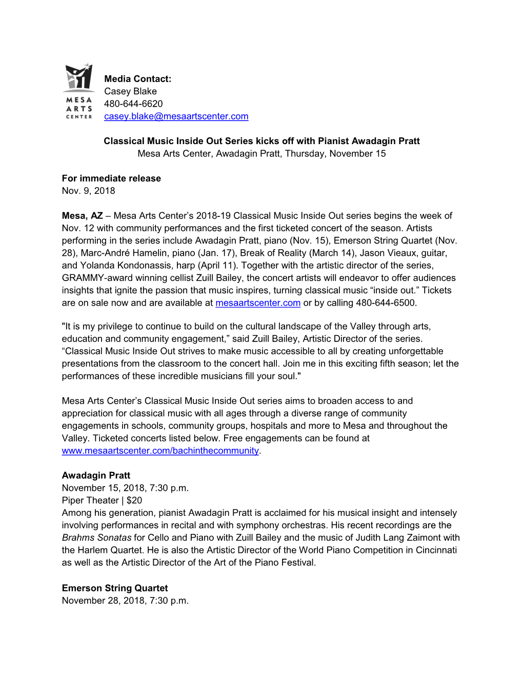 Classical Music Inside out Series Kicks Off with Pianist Awadagin Pratt Mesa Arts Center, Awadagin Pratt, Thursday, November 15