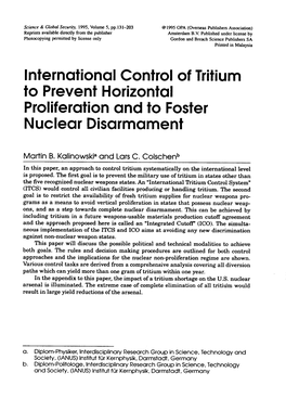 International Control of Tritium to Prevent Horizontal Proliferation and to Foster Nuclear Disarmament