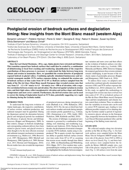 Postglacial Erosion of Bedrock Surfaces and Deglaciation Timing: New Insights from the Mont Blanc Massif (Western Alps) Benjamin Lehmann1*, Frédéric Herman1, Pierre G