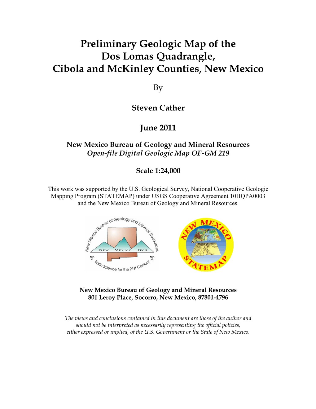 Geologic Map of the Dos Lomas Quadrangle, Cibola and Mckinley Counties, New Mexico