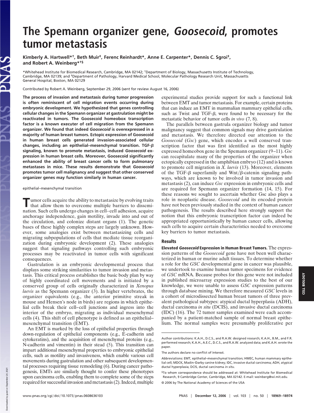 The Spemann Organizer Gene, Goosecoid, Promotes Tumor Metastasis