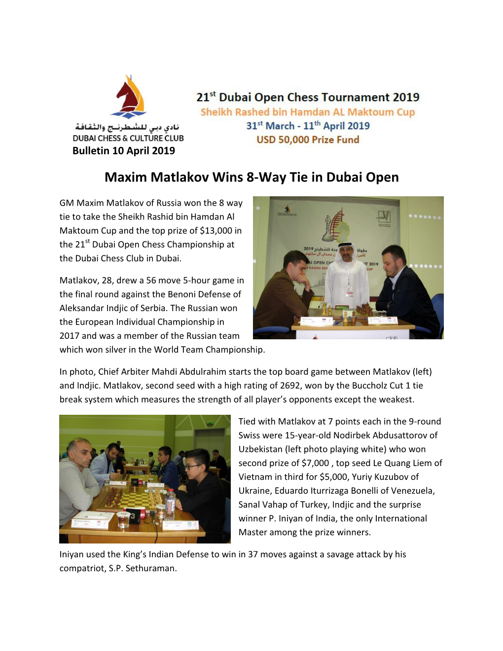 Maxim Matlakov Wins 8-Way Tie in Dubai Open