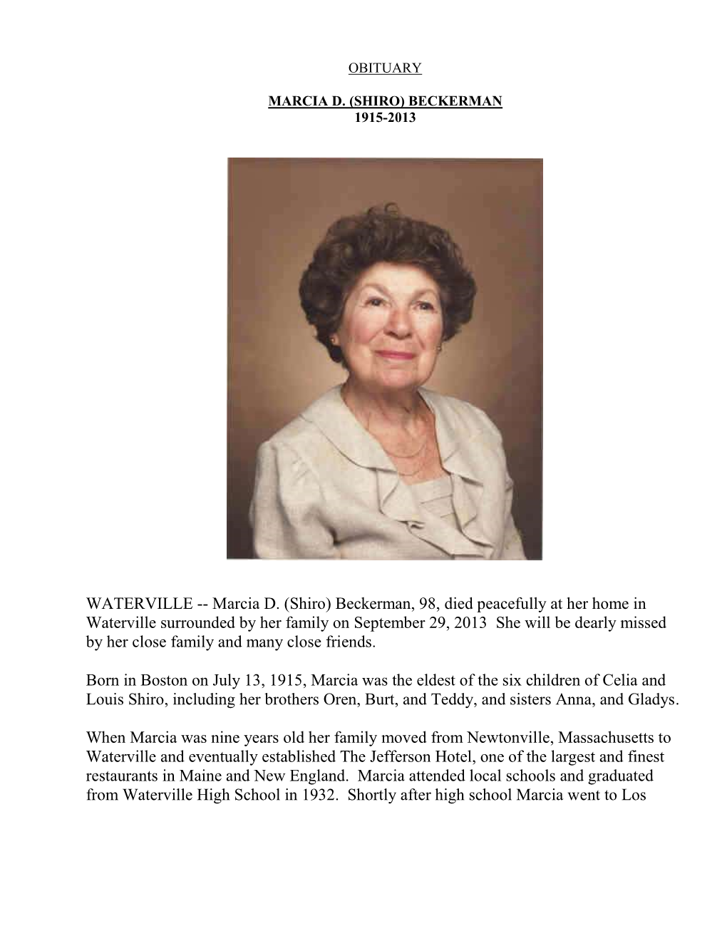 Marcia D. (Shiro) Beckerman, 98, Died Peacefully at Her Home in Waterville Surrounded by Her Family on September 2