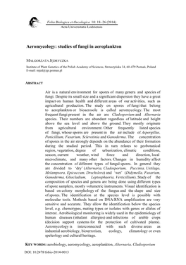 Aeromycology: Studies of Fungi in Aeroplankton