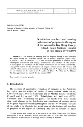 Distribution, Numbers and Breeding Preferences of Penguins in the Region of the Admiralty Bay (King George Island, South Shetland Islands) in the Season 1979/1980*)