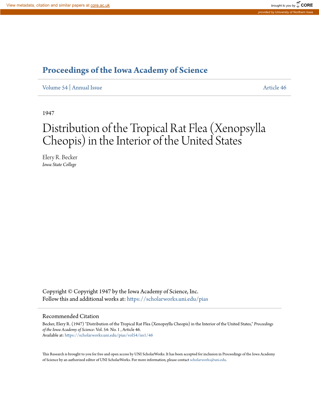 Distribution of the Tropical Rat Flea (Xenopsylla Cheopis) in the Interior of the United States Elery R