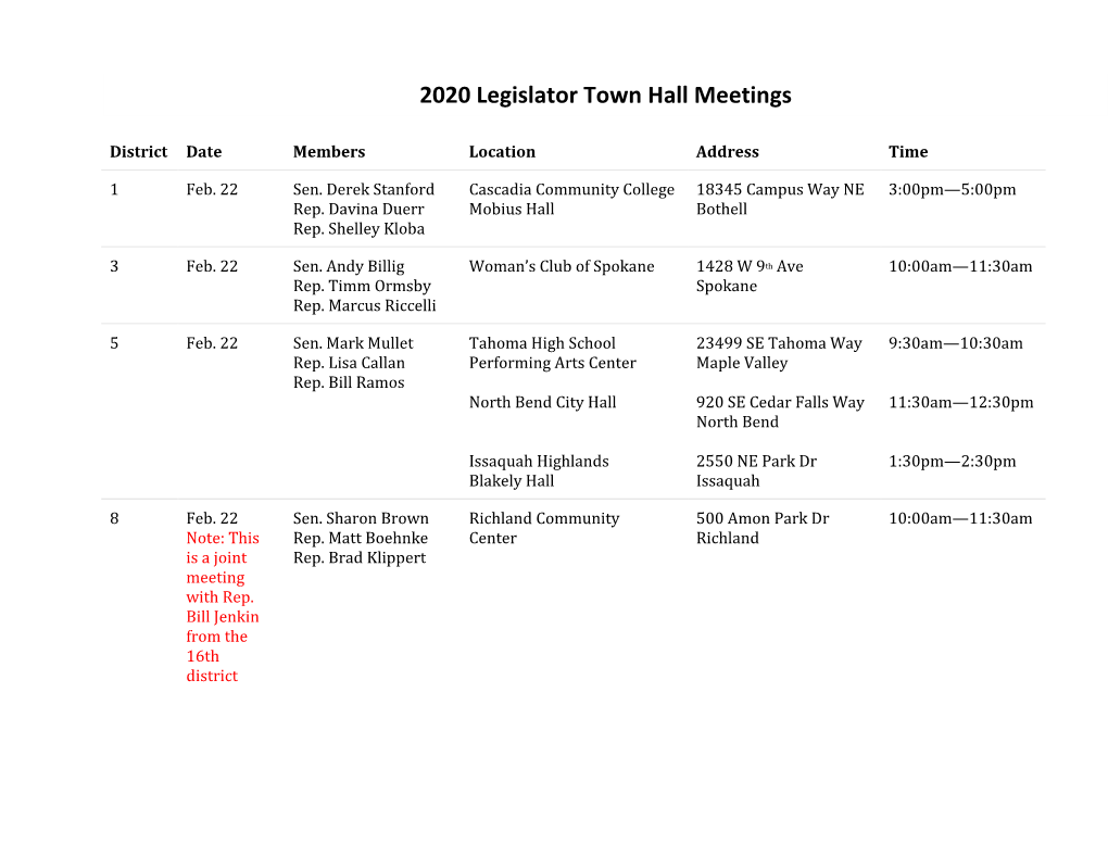 2020 Legislator Town Hall Meetings