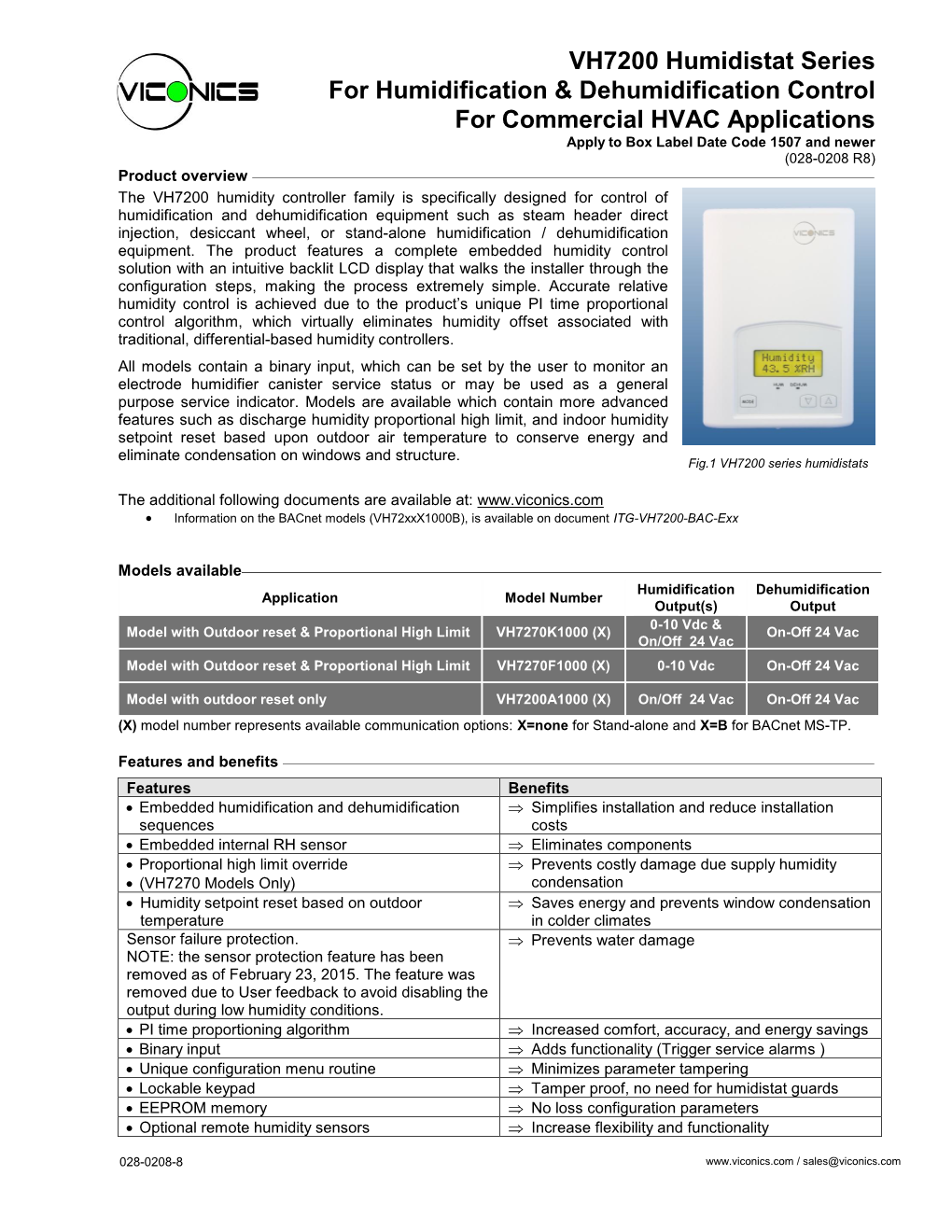 VH7200 Humidistat Series for Humidification & Dehumidification