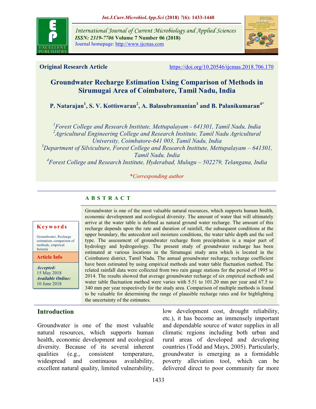 Groundwater Recharge Estimation Using Comparison of Methods in Sirumugai Area of Coimbatore, Tamil Nadu, India