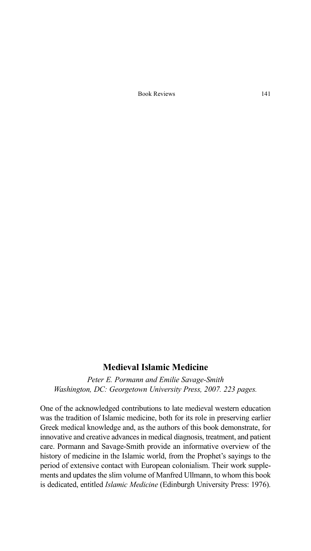 Medieval Islamic Medicine Peter E