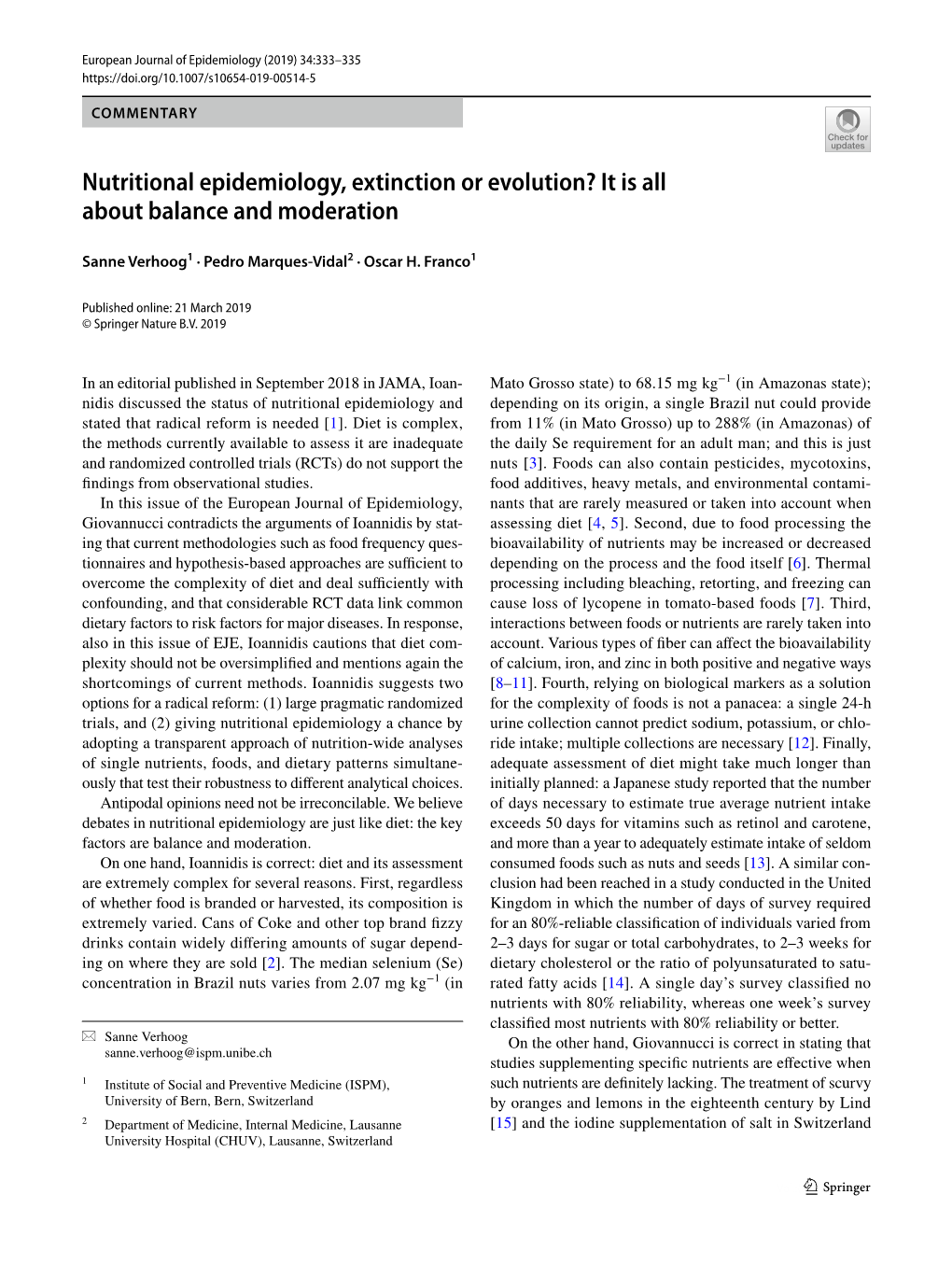 Nutritional Epidemiology, Extinction Or Evolution? It Is All About Balance and Moderation