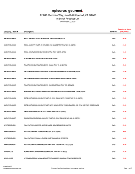 Epicurus Gourmet. 12140 Sherman Way, North Hollywood, CA 91605 in Stock Product List December 3, 2020