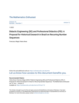 Didactic Engineering (DE) and Professional Didactics (PD): a Proposal for Historical Eesearch in Brazil on Recurring Number Sequences